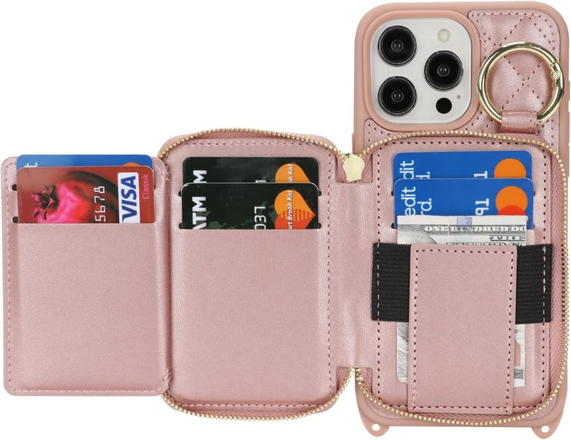 Hamany Crossbody Wallet Case for iPhone 15 Pro Max, PU Leather Zipper Handbag Purse Flip Cover, Kickstand Folio Case with Card Slots Holder Wrist Strap Lanyard 5G 6.7 Inch-Rose Gold - Image 5